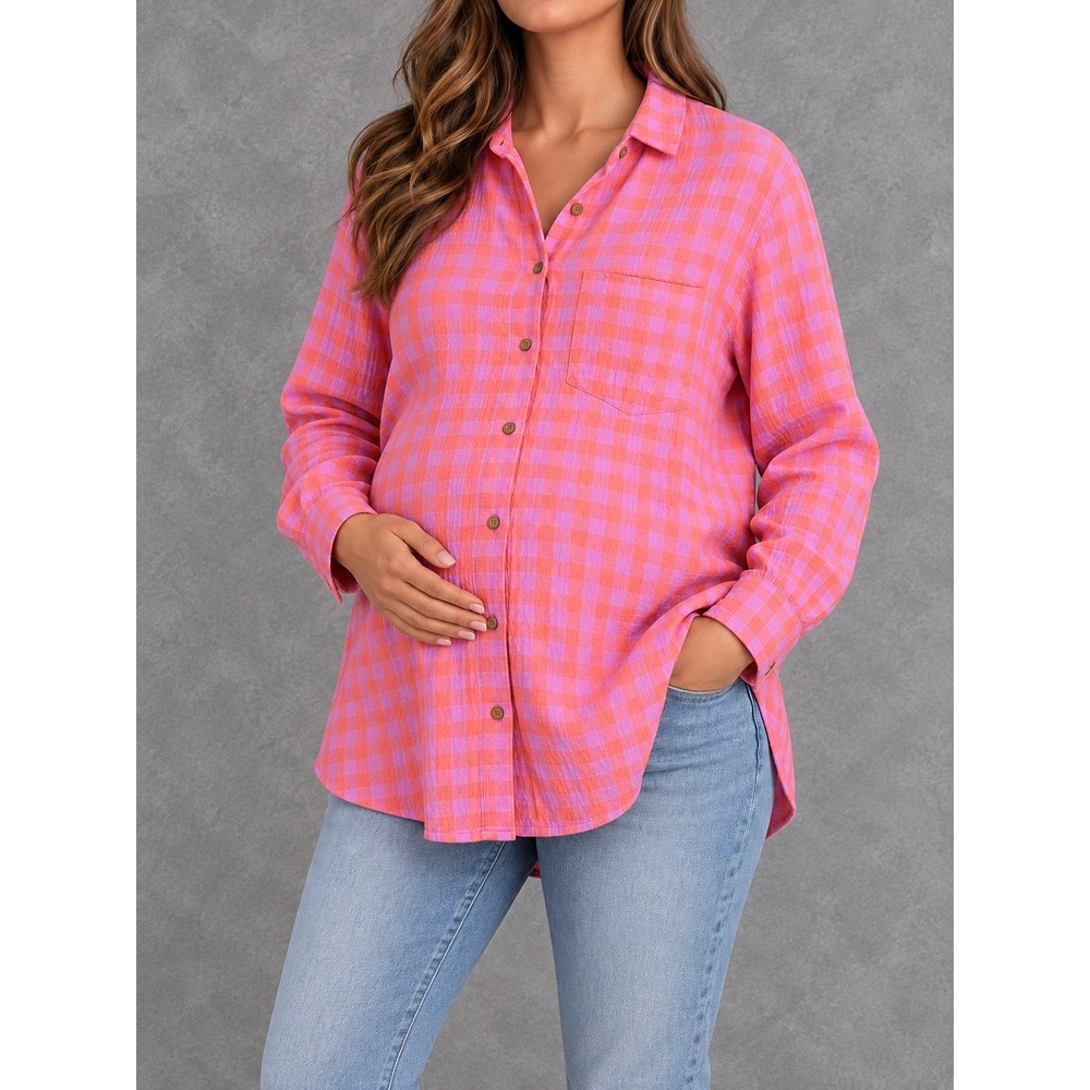 Hatch Maternity Gingham Shirt Womens 3 Pink Orange Gauze Button Down Relaxed Fit
